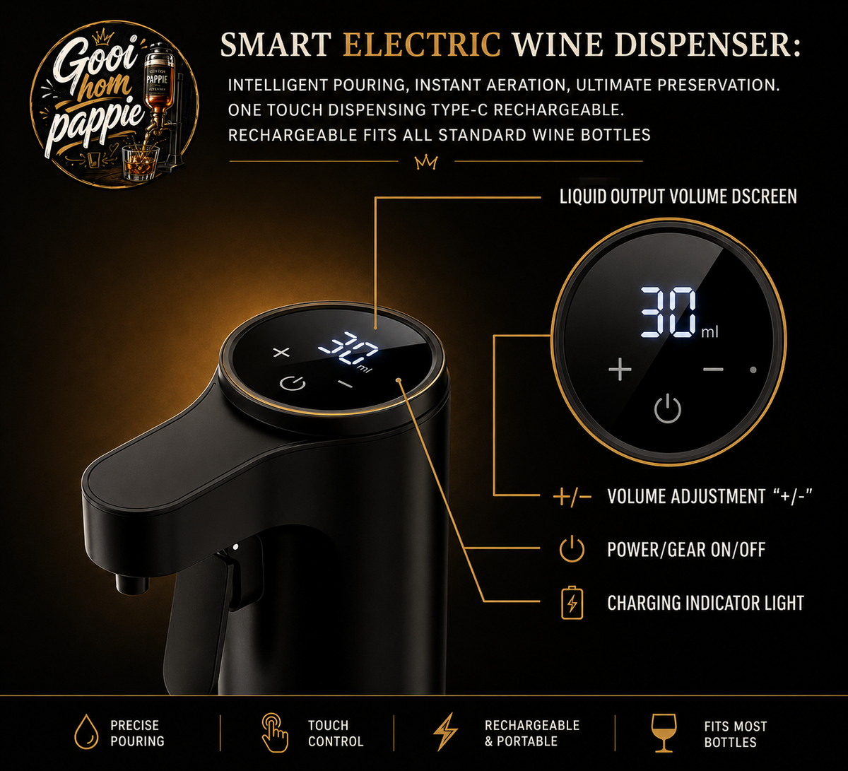 Gooi Hom Pappie smart electric wine and spirit dispenser mounted on a bottle