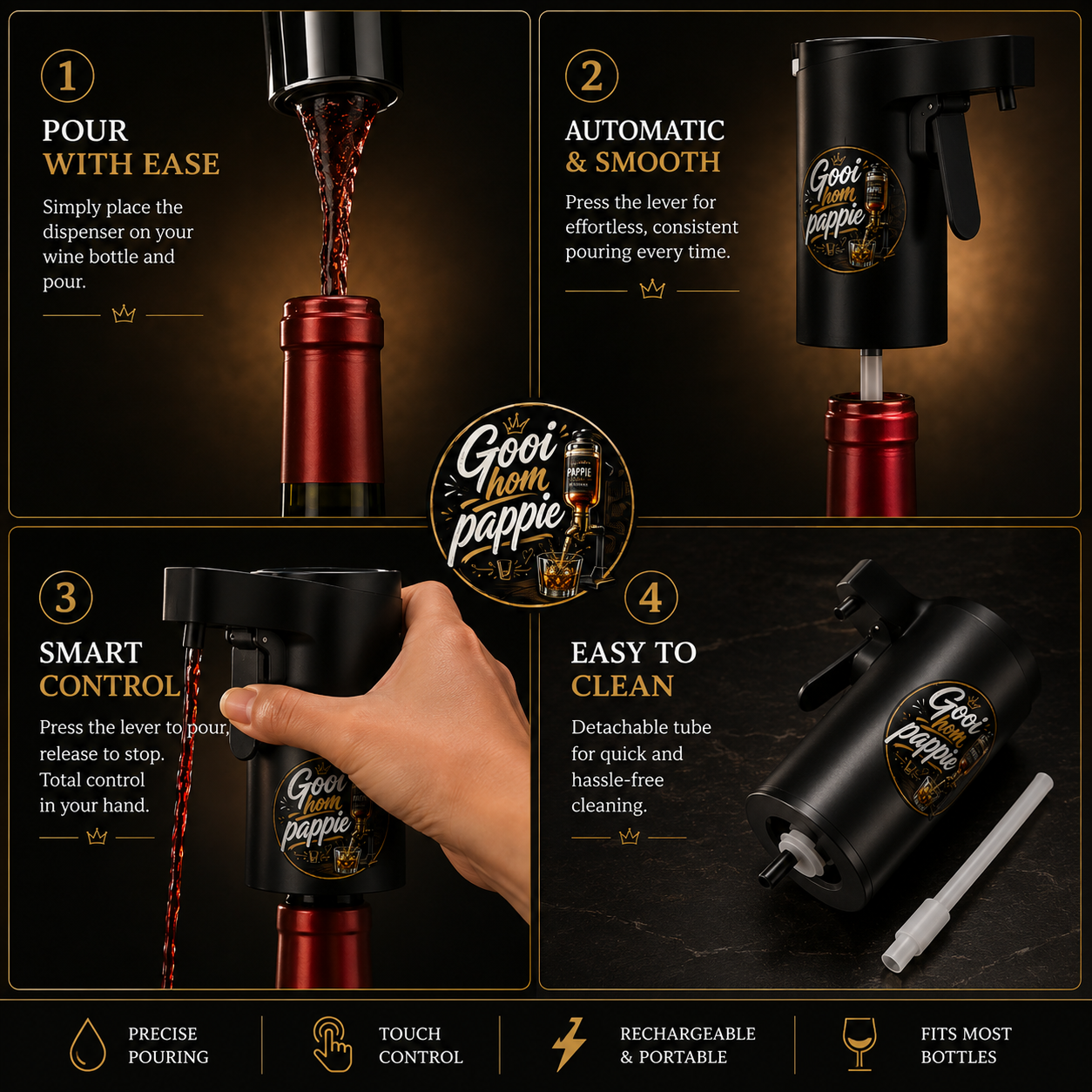 Gooi Hom Pappie electric wine dispenser pouring wine into a glass