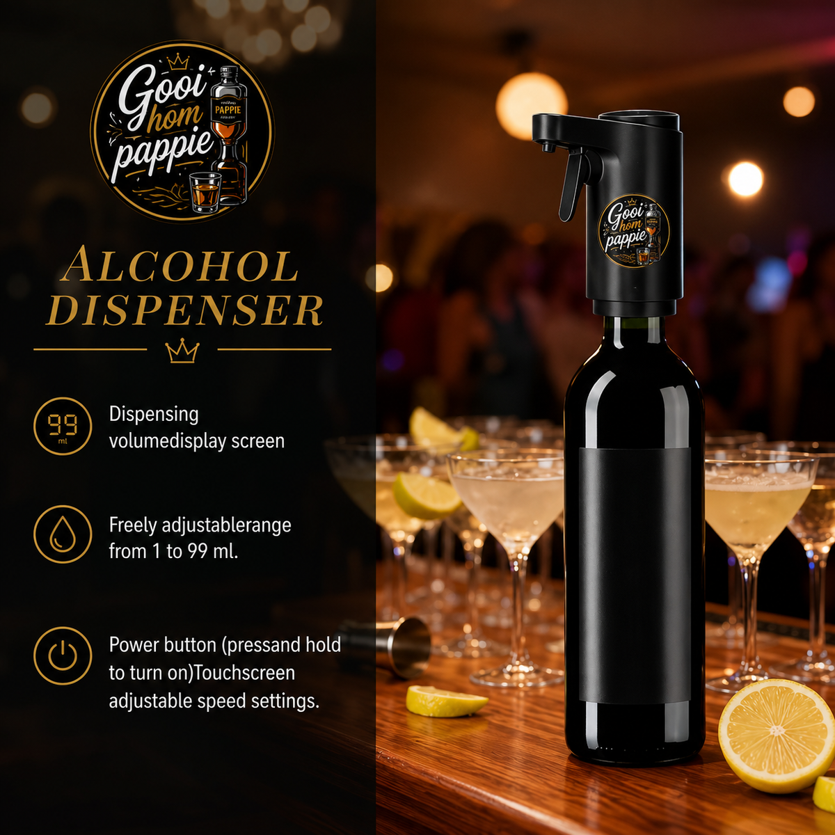 Close-up of the Gooi Hom Pappie wine dispenser touch control display