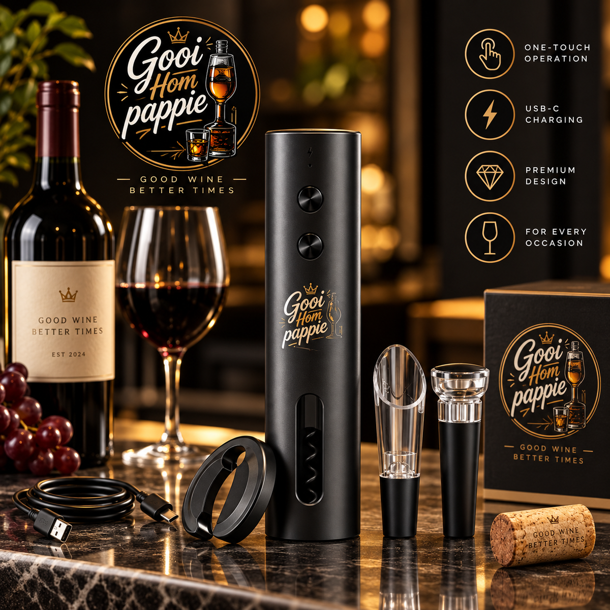 Gooi Hom Pappie 4-in-1 electric wine opener set, main product image